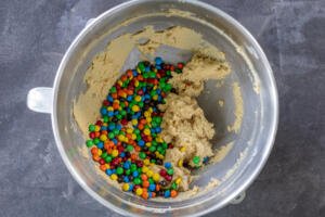 M&M Cookie dough in a mixing bowl.