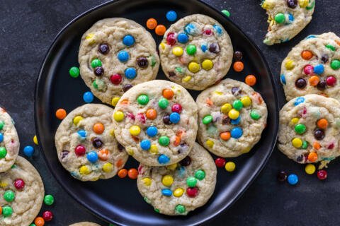 Baked M&M Cookies on a plate.