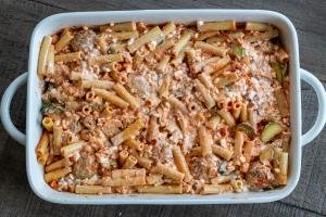 Ziti pasta with meatballs and veggies