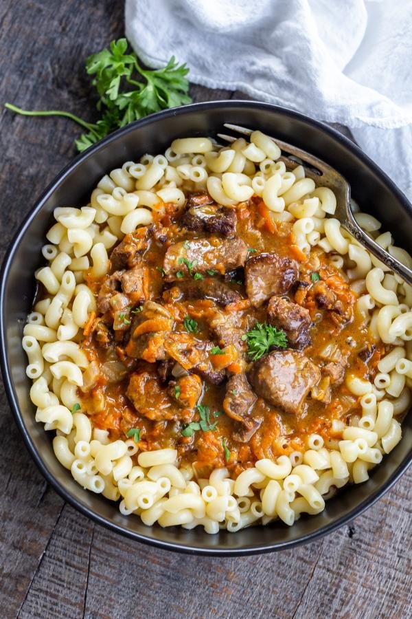 Beef with noodles in a bowl