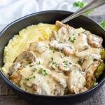 Creamy chicken and mushrooms over potatoes