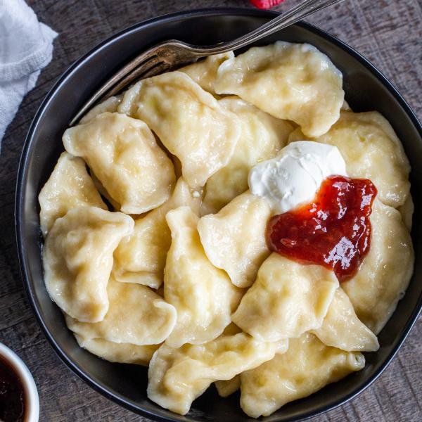 Bowl with cooked pierogi