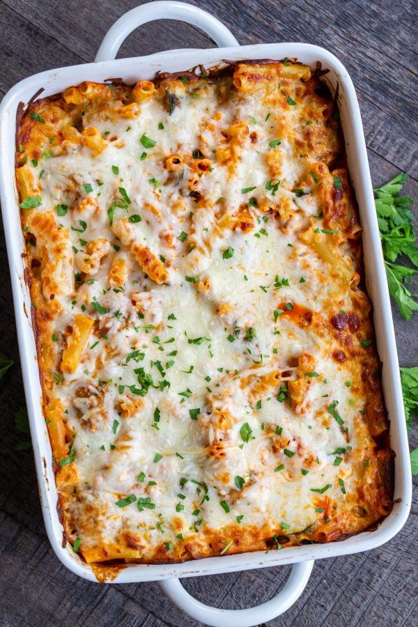 Baked Ziti pasta in a dish