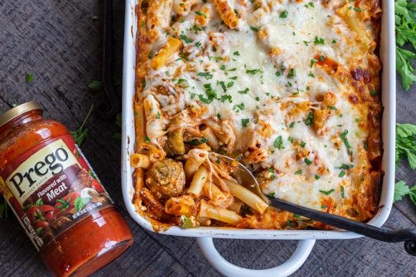 Baked Ziti pasta in a dish