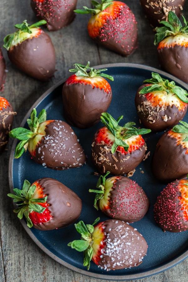 Chocolate covered strawberries on a plate