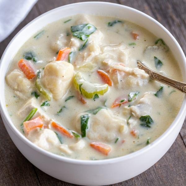 A bowl of chicken gnocchi soup in a bowl