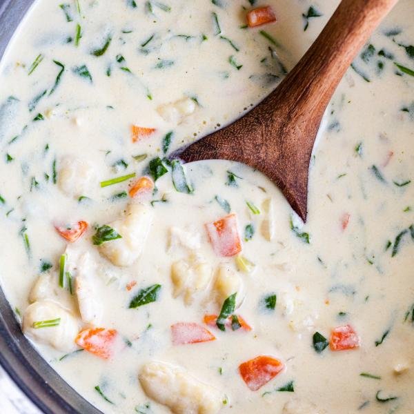 A bowl of chicken gnocchi soup in a pot