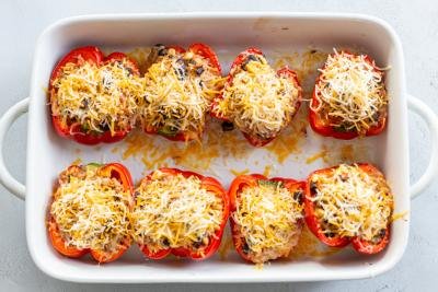 Mexican Stuffed Bell Peppers in a baking dish