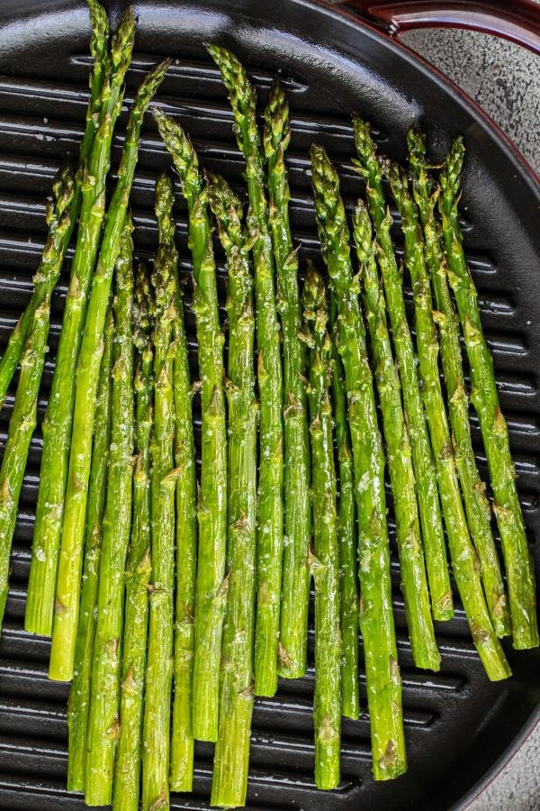 Roasted asparagus on a baking pan