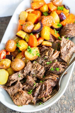 Serving dish with Pot Roast.