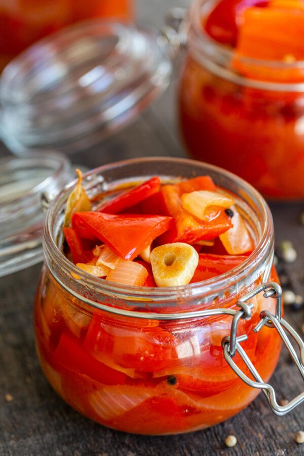 Marinated bell peppers in a jar. 