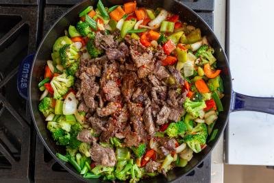 veggies, beef and sauce in the pan