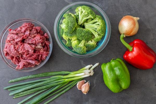 beef and veggies on a counter