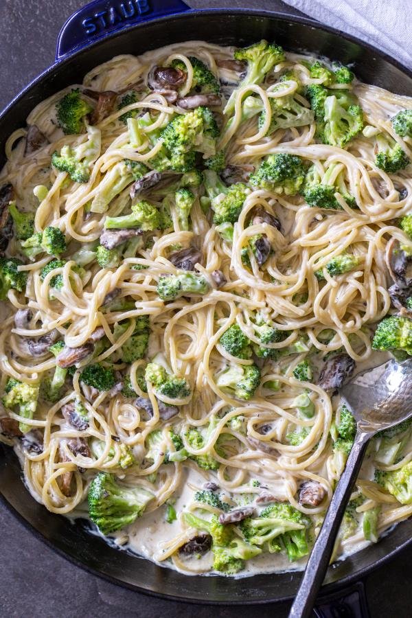 Broccoli Mushroom Alfredo in a pan