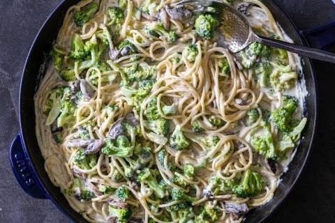 Broccoli Mushroom Alfredo in a pan