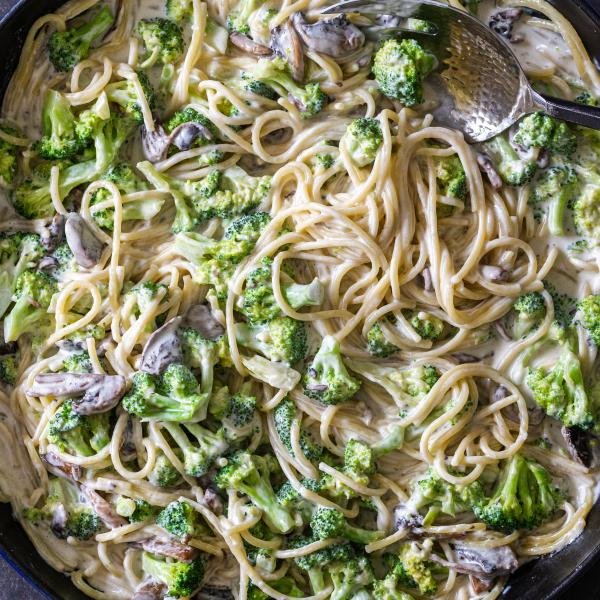 Broccoli Mushroom Alfredo in a pan