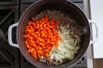 vegetables with ground meat in a pot
