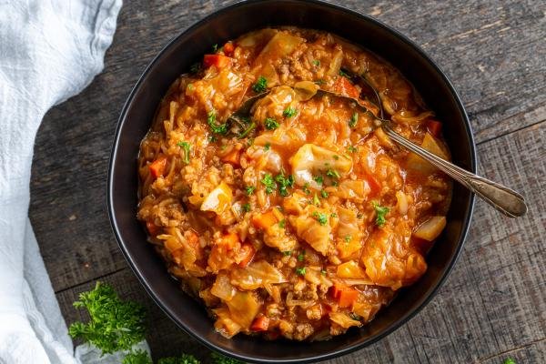 Cabbage rolls soup in a bowl