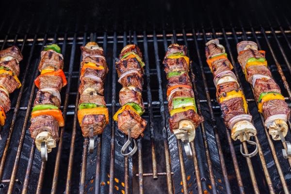 Shish Kabob with beef and veggies on a grill