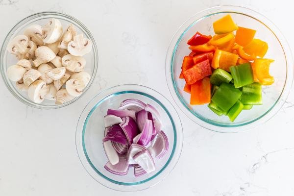 Cut veggies for the shish kabobs