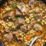 a bowl with beef and barley soup