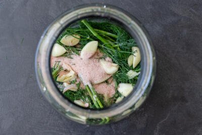 salt, dill and garlic in a jar