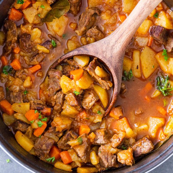 Braised potatoes with beef in a pot