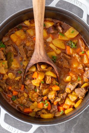 Braised potatoes with beef in a pot