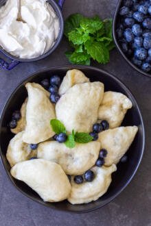 Cooked Blueberry Pierogi in a bowl