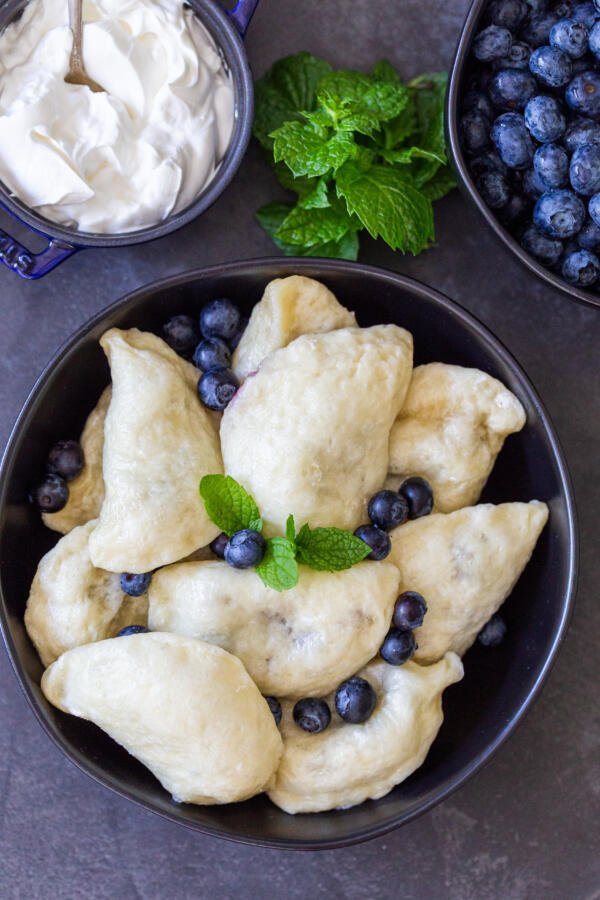 Cooked Blueberry Pierogi in a bowl