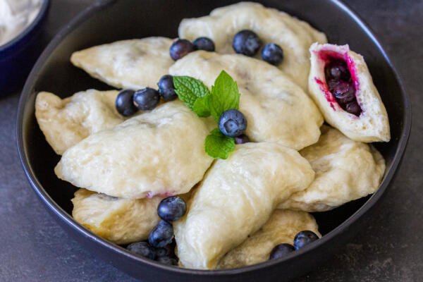 Steamed Blueberry Pierogi in a bowl
