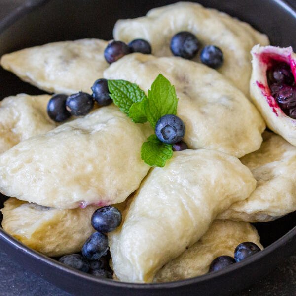 Steamed Blueberry Pierogi in a bowl