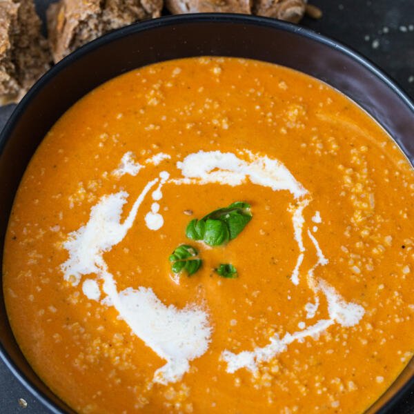 A bowl of tomato basil soup