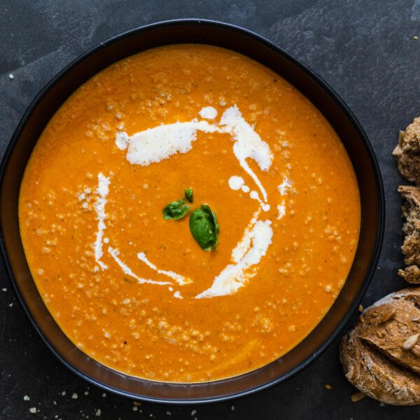 A bowl of tomato basil soup