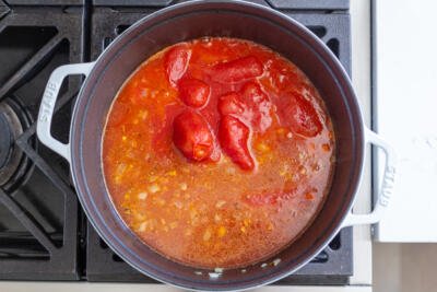 broth simmering with tomatoes and broth