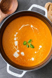 Tomato basil soup in a pot