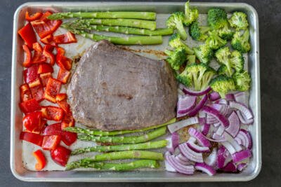 Steak and veggies on a tray