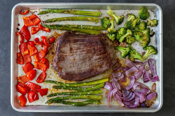 Steak and veggies on a tray