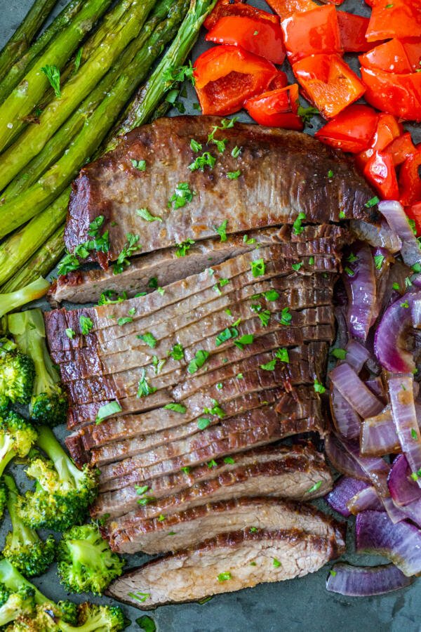 Steak and veggies on a tray