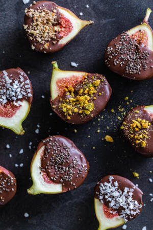 Chocolate covered figs on a counter
