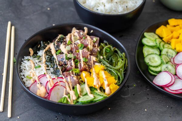 A poke bowl with all the toppings