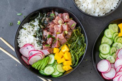 A poke bowl with all the toppings