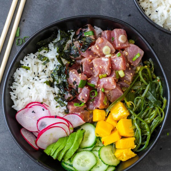 A poke bowl with all the toppings