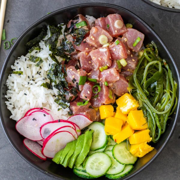 A poke bowl with all the toppings