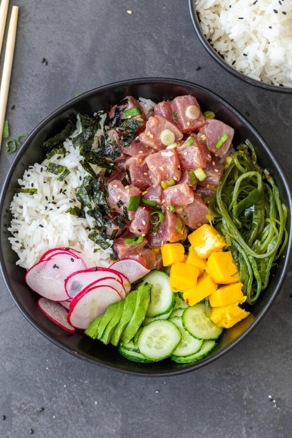 A poke bowl with all the toppings 