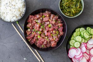 Poke tuna and sides prepared