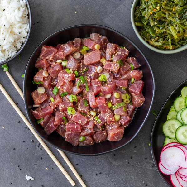 Poke tuna and sides prepared