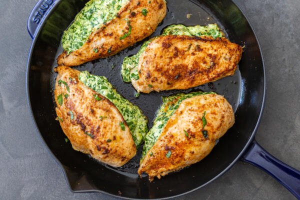 Stuffed chicken in a skillet