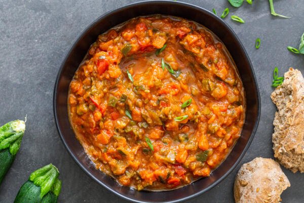 A bowl with zucchini Ikra spread