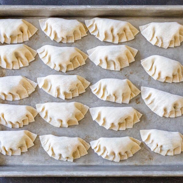 Gyoza on a baking sheet